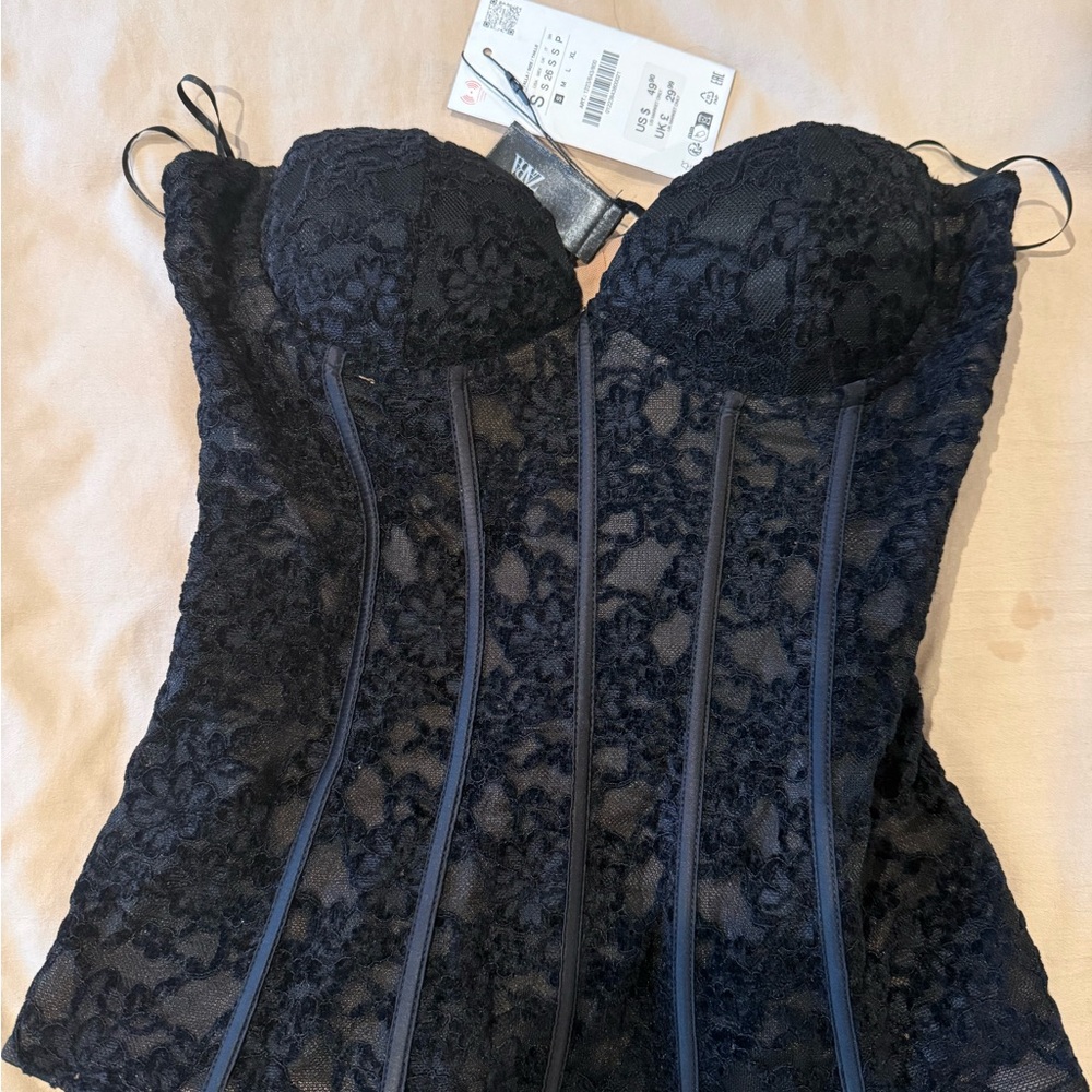 Zara Black Lace Corset Top NWT Strapless Bustier Size S Y2K Going Out